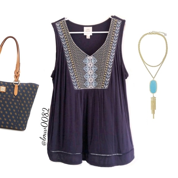 Knox Rose Tops - Knox Rose Navy Embroidered Bib Sleeveless Top NWT